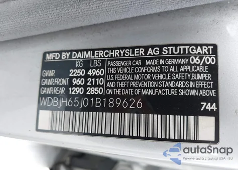 2001 Mercedes-Benz E-Class Base (A5) z USA, uszkodzony, nr VIN WDBJH65J01B189626